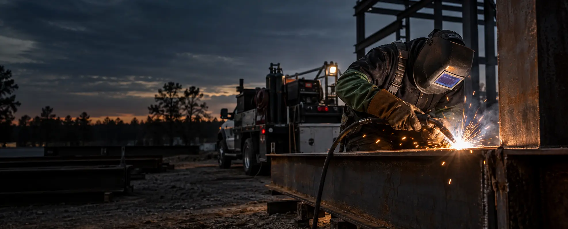 Mobile welder fabricating structural steel at a field worksite