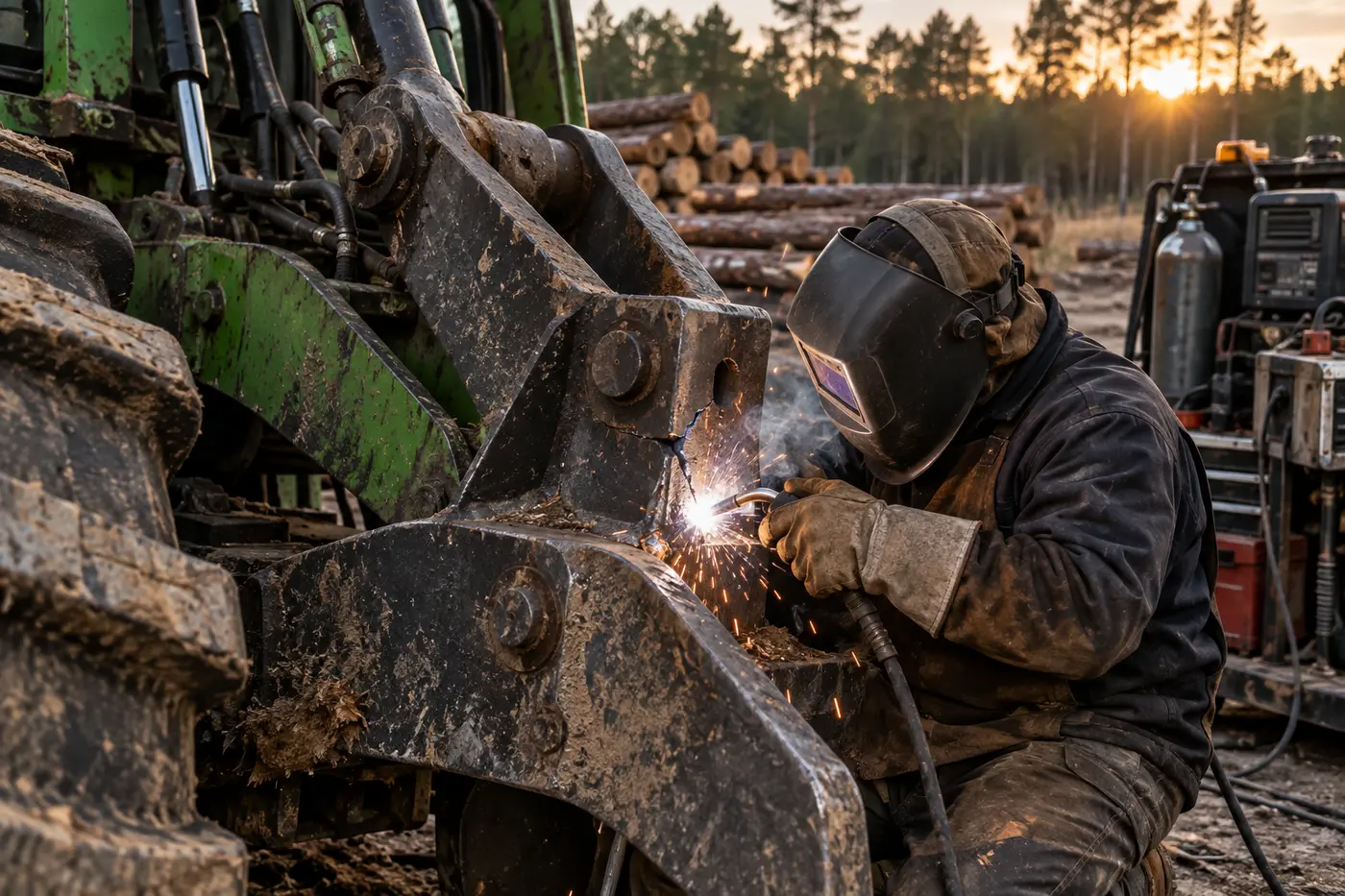 Representative mobile welding repair on heavy logging equipment