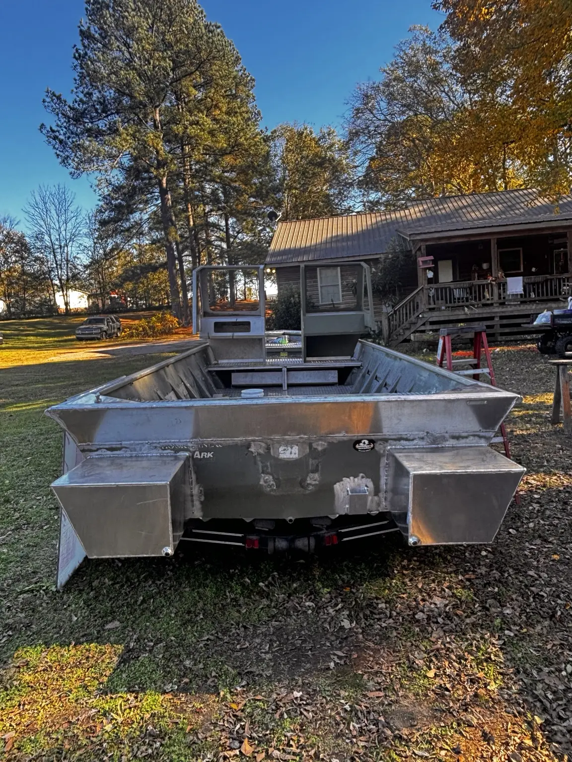 Custom fabricated aluminum float pods installed on a work boat